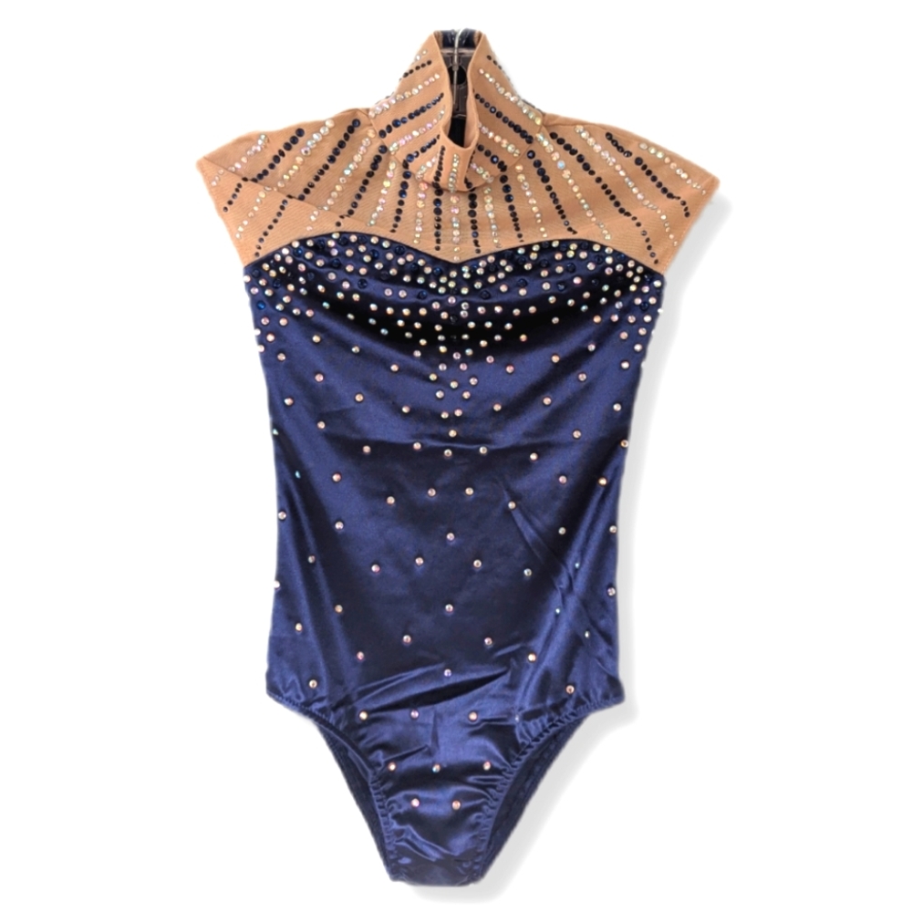 Glamour Costumes Girls Handmade Tan & Navy Blue Rhinestone Leotard